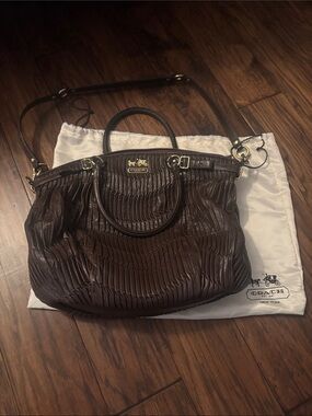 COACH Brown Pleated Leather Shoulder Satchel with Gold-Tone Hardware